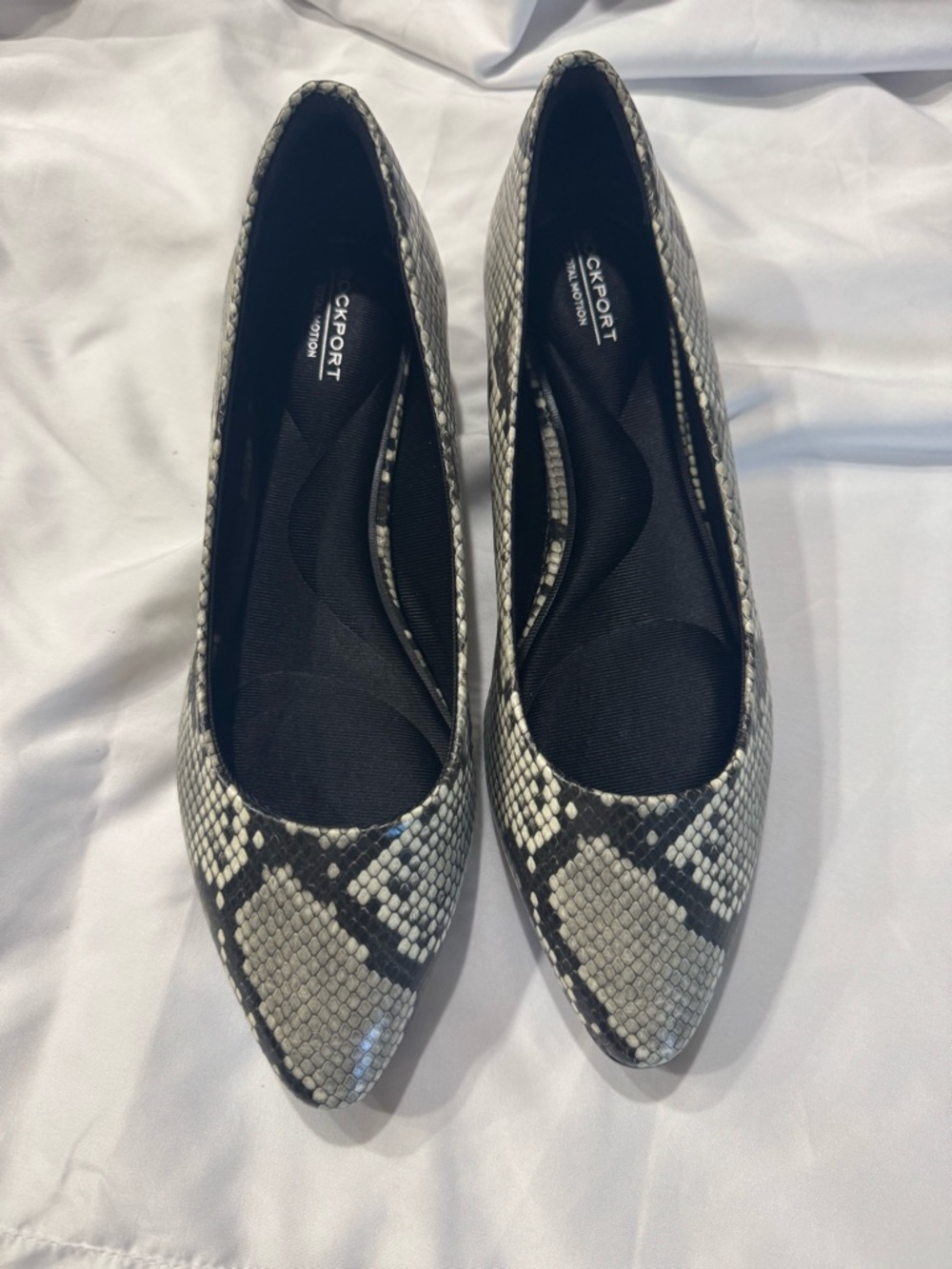 Rockport Snake-Print Pointed Flats in Black and White